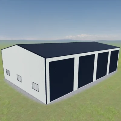 Australian-made commercial industrial shed with four roller doors and windows, featuring Deep Ocean® roof and Dover White™ walls