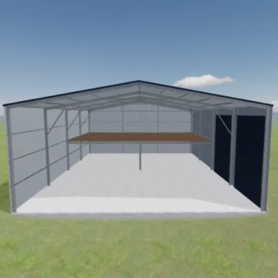 Australian-made commercial industrial shed with a mezzanine and roller door, featuring Deep Ocean® roof and Dover White™ walls