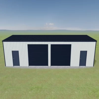 Commercial Shed | Dual Roller Doors & PA Doors | Dover White™ & Deep Ocean® | True Blue Sheds Australian-made commercial shed with dual roller doors and personal access doors featuring Dover White™ roof and Deep Ocean® walls