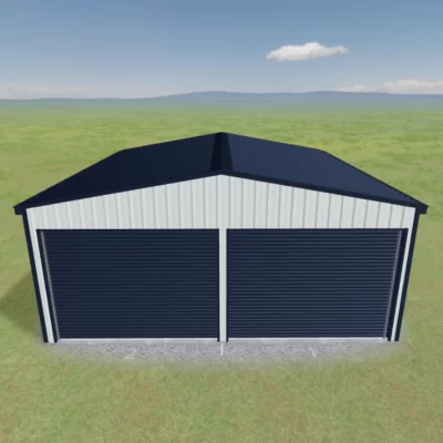 Double Garage | Twin Roller Doors | Dover White™ & Deep Ocean® | True Blue Sheds Australian-made double garage with twin roller doors featuring Dover White™ roof and Deep Ocean® walls