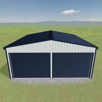 Australian-made double garage with twin roller doors featuring Dover White™ roof and Deep Ocean® walls
