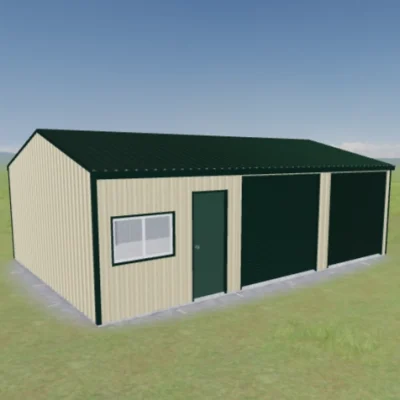 Australian-made double garage with two roller doors and a personal door featuring Cottage Green® roof and Classic Cream™ walls.