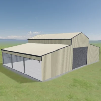 Australian-made barn-style equine shed with roller door and open front featuring Classic Cream™ roof and walls