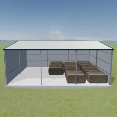 Australian-made farm shed with three open sides storing hay bales, featuring a Surfmist® roof and Monument® walls.