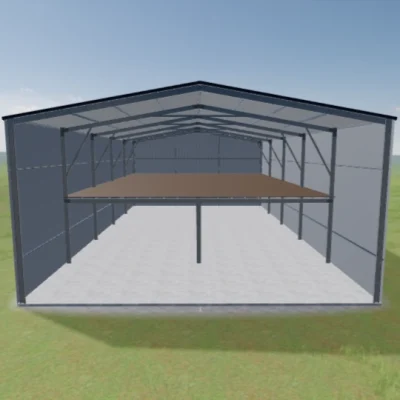 Australian-made farm shed with one open end and a mezzanine floor, featuring a Deep Ocean® roof and Dover White™ walls