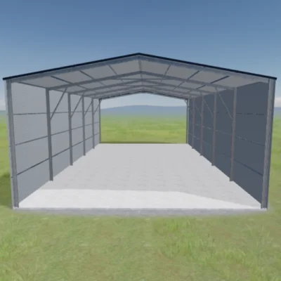 Australian-made farm shed with an open-ended design, featuring a Deep Ocean® roof and Dover White™ walls.