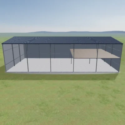 Australian-made farm shed with three sides enclosed and a mezzanine, featuring a Deep Ocean® roof and Dover White™ walls