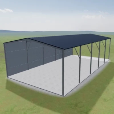 Australian-made farm shed with three open sides, featuring a Deep Ocean® roof and Dover White™ walls.