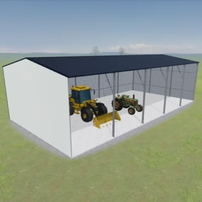 Australian-made farm shed with three open sides, storing heavy machinery, featuring a Deep Ocean® roof and Dover White™ walls