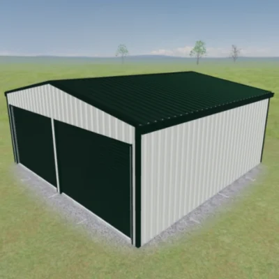 Australian-made garage with double roller doors featuring Cottage Green® roof and Surfmist® walls