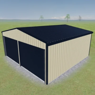 Australian-made garage with double roller doors featuring Deep Ocean® roof and Classic Cream™ walls