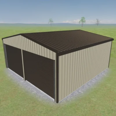 Australian-made garage with double roller doors featuring Jasper® roof and Paperbark® walls