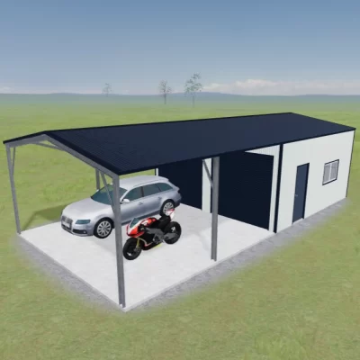 Garage with Carport | Roller Door & Open Bay | Dover White™ & Deep Ocean® | True Blue Sheds Australian-made garage with attached carport featuring Dover White™ roof and Deep Ocean® walls