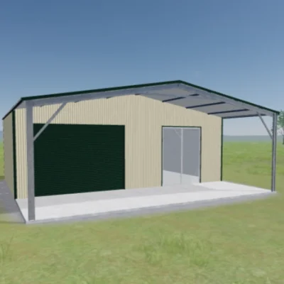 Australian-made garaport with single roller door and glass door featuring Cottage Green® roof and Classic Cream™ walls