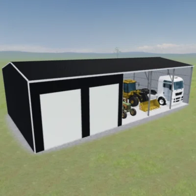 Australian-made machinery shed with enclosed storage and open bays featuring Monument® roof and walls