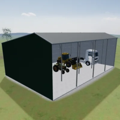 Australian-made farm machinery shed with open front featuring Windspray® roof and Cottage Green® walls