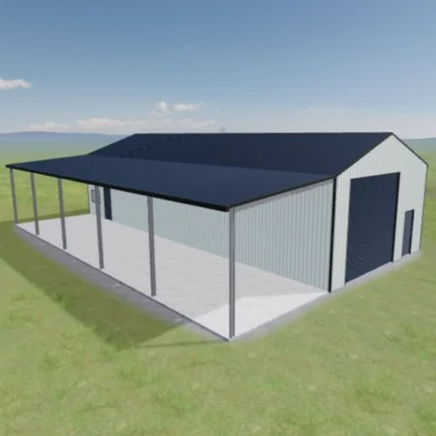 Australian-made shearing shed with large awning and roller doors featuring Deep Ocean® roof and Dover White™ walls