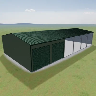 Australian-made shearing shed with open bay and roller doors featuring Cottage Green® roof and Pale Eucalypt® walls