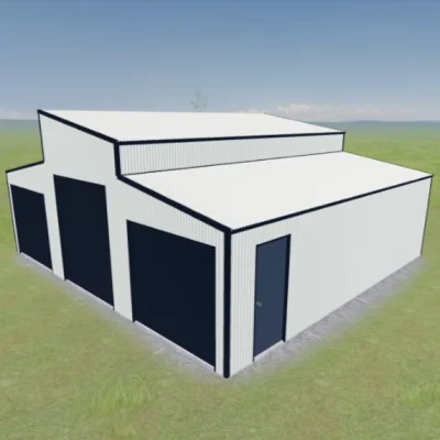 Australian-made skillion barn with roller doors and personal access door featuring Dover White™ roof and walls