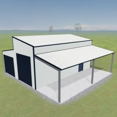 Australian-made skillion barn with roller doors and attached awning featuring Dover White™ roof and walls