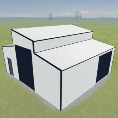 Australian-made skillion barn with roller doors and personal access door featuring Dover White™ roof and walls