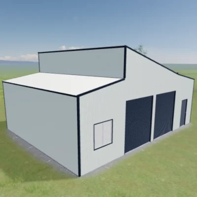 Australian-made skillion barn with multiple roller doors and a personal access door featuring Dover White™ roof and walls